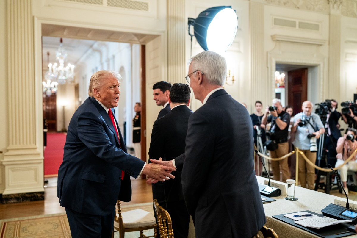 President Donald Trump greets guests as arrives to the Invest America Roundtable in the State Dining Room of the White House, Monday, June 9, 2025.(Official White House Photo by Joyce N. Boghosian)