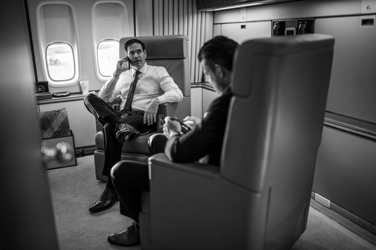 Secretary of State Marco Rubio and Secretary of Defense Pete Hegseth meet on board Air Force One before taking off from Joint Base Andrews, Maryland on Tuesday, June 24, 2025, en route to the 2025 NATO Summit in The Hague, Netherlands. (Official White House Photo by Daniel Torok)