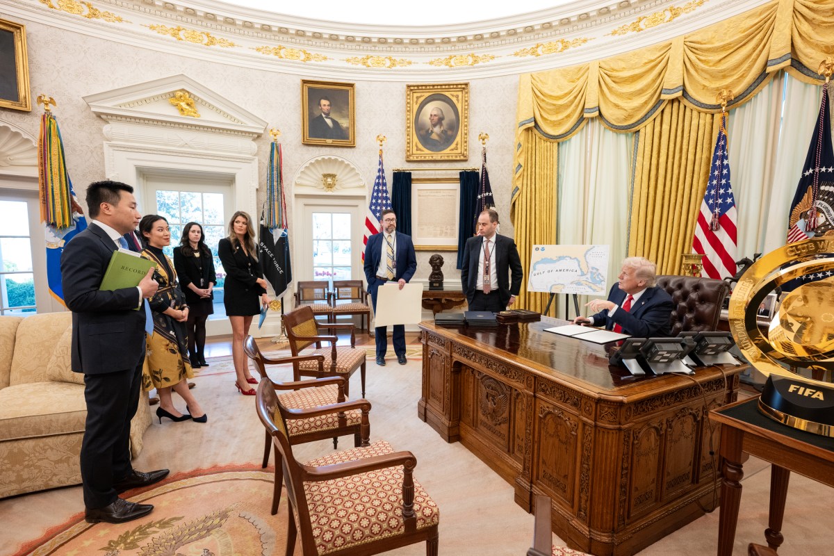 President Donald Trump greets members of the Navy Midshipmen football team from the U.S. Naval Academy, Tuesday, April 15, 2025, in the State Dining Room of the White House. (Official White House Photo by Joyce N. Boghosian)