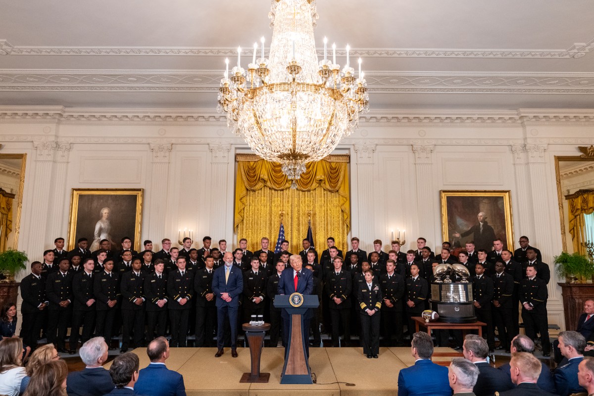 President Donald Trump greets members of the Navy Midshipmen football team from the U.S. Naval Academy, Tuesday, April 15, 2025, in the State Dining Room of the White House. (Official White House Photo by Joyce N. Boghosian)