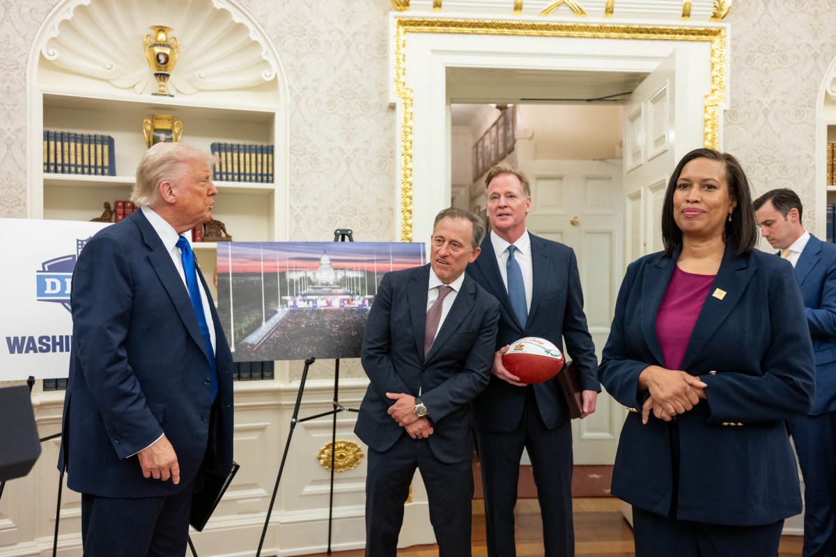 President Donald Trump is joined by White House Opportunity and Revitalization Council Executive Director Scott Turner, Washington Commanders owner Josh Harris, NFL Commissioner Roger Goodell, Washington D.C. Mayor Muriel Bowser, and Secretary of the Interior Doug Burgum, for an announcement that Washington, D.C. will host the 2027 NFL Draft, Monday, May 5, 2025, in the Oval Office. (Official White House Photo by Molly Riley)