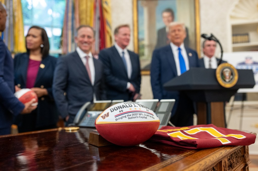 President Donald Trump is joined by White House Opportunity and Revitalization Council Executive Director Scott Turner, Washington Commanders owner Josh Harris, NFL Commissioner Roger Goodell, Washington D.C. Mayor Muriel Bowser, and Secretary of the Interior Doug Burgum, for an announcement that Washington, D.C. will host the 2027 NFL Draft, Monday, May 5, 2025, in the Oval Office. (Official White House Photo by Molly Riley)