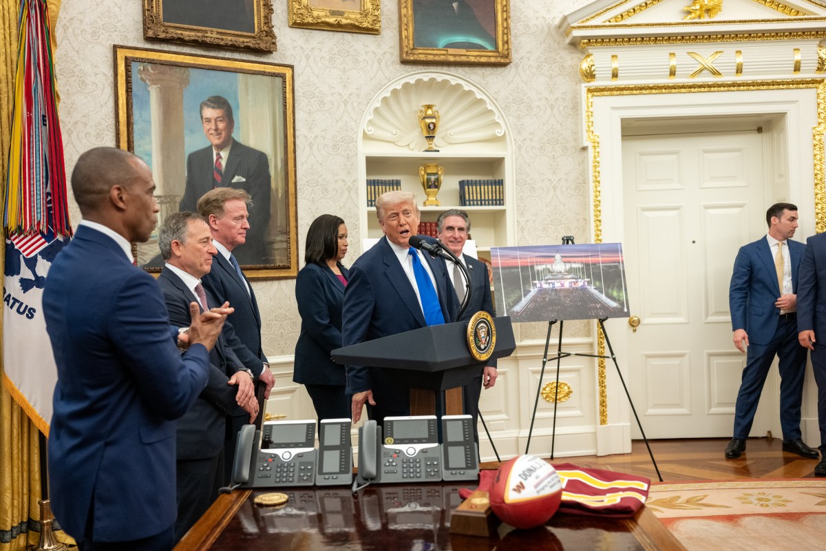 President Donald Trump is joined by White House Opportunity and Revitalization Council Executive Director Scott Turner, Washington Commanders owner Josh Harris, NFL Commissioner Roger Goodell, Washington D.C. Mayor Muriel Bowser, and Secretary of the Interior Doug Burgum, for an announcement that Washington, D.C. will host the 2027 NFL Draft, Monday, May 5, 2025, in the Oval Office. (Official White House Photo by Molly Riley)