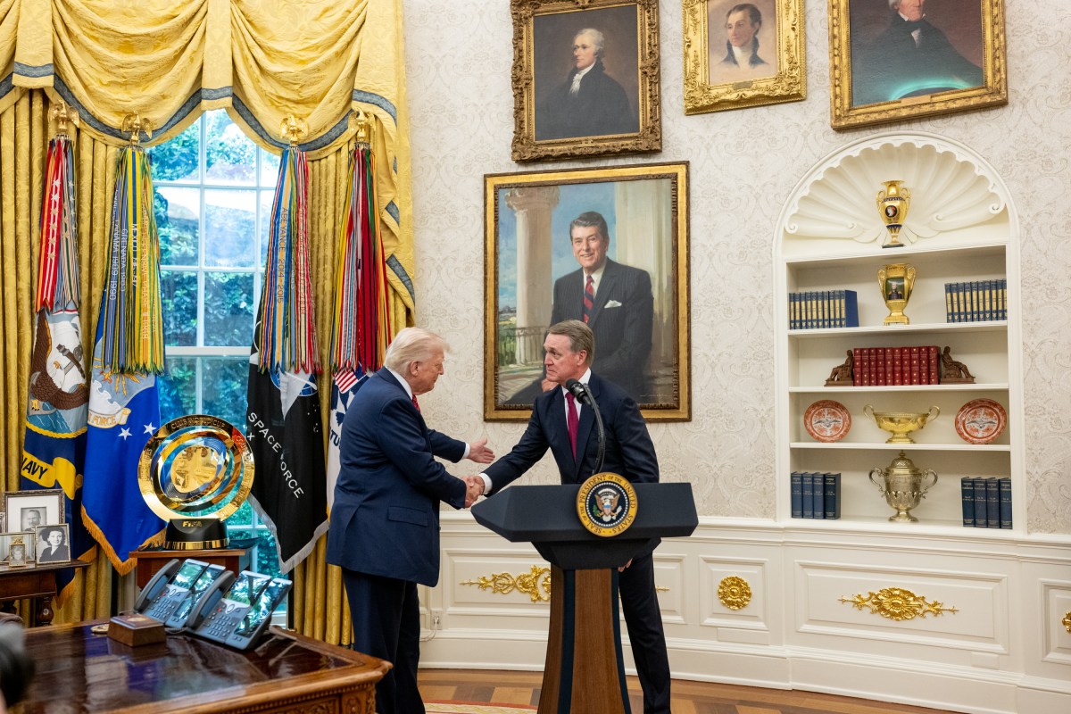 President Donald Trump participates in the swearing-in ceremony for U.S. Ambassador to China David Purdue, Wednesday, May 7, 2025, in the Oval Office. (Official White House Photo by Molly Riley)