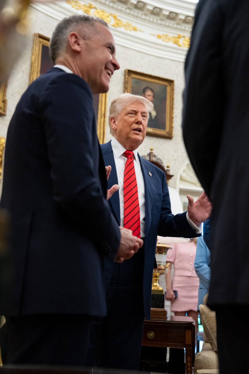 President Donald Trump meets with Canadian Prime Minister Mark Carney, Tuesday, May 6, 2025, in the Oval Office. Vice President JD Vance attends. (Official White House Photo by Emily J. Higgins)